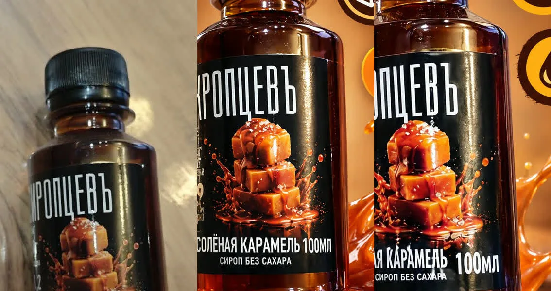 Этикетка сиропа крупно: на снимке, на первой и на второй карточке