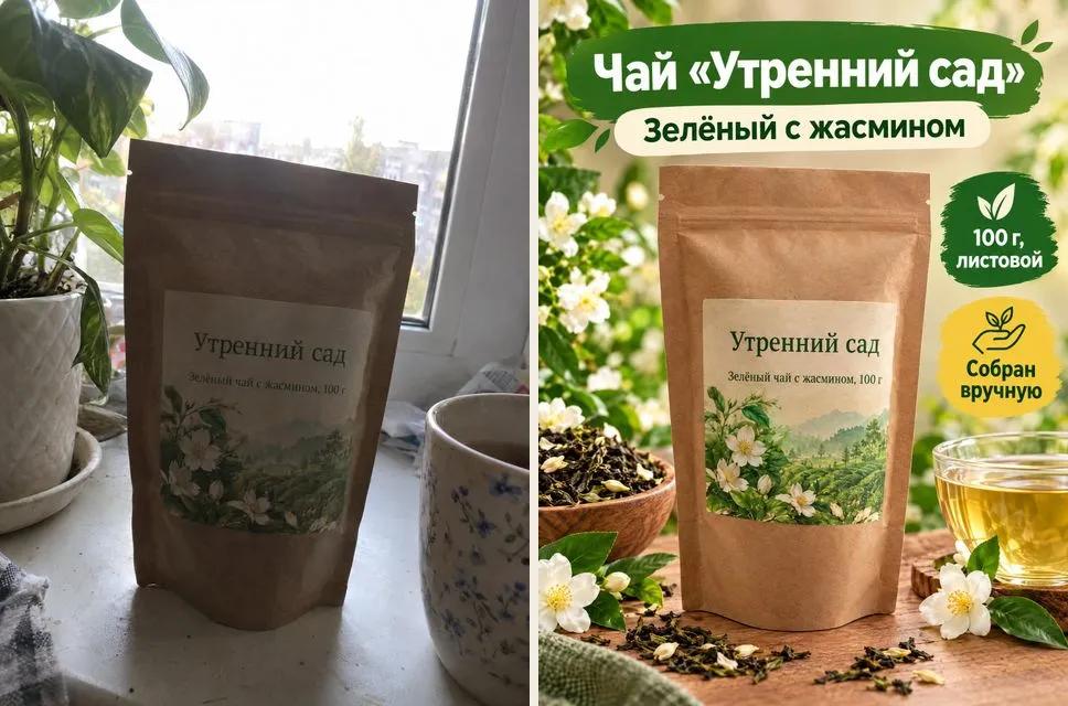 Пачка чая «Утренний сад» на подоконнике и карточка товара из этого снимка