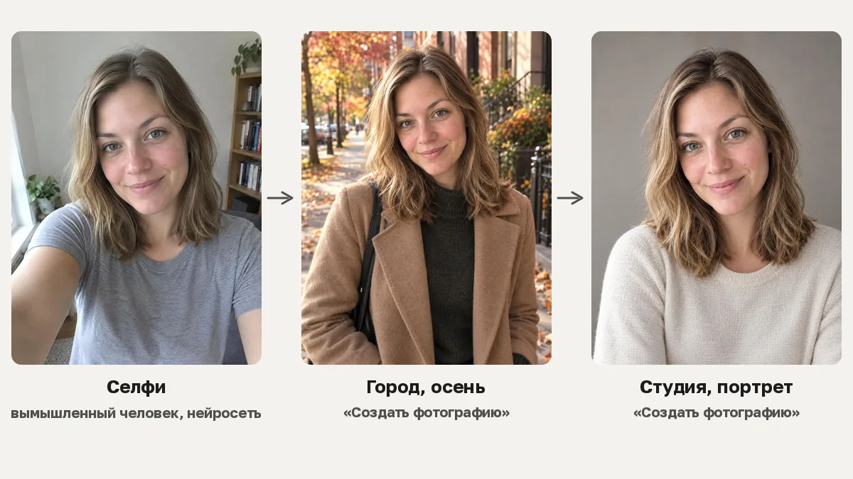 Селфи вымышленного человека и два снимка по нему: в осеннем городе и студийный портрет