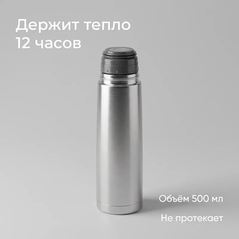 Квадратная карточка термоса: «Держит тепло 12 часов» сверху, «Объём 500 мл» и «Не протекает» внизу справа